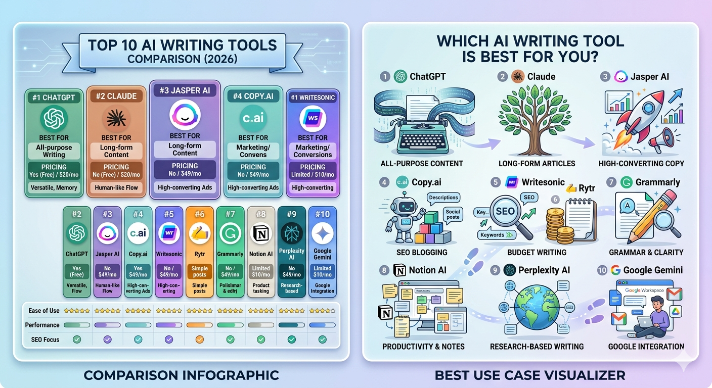 Top 10 AI Writing Tools Compared (Free & Paid)